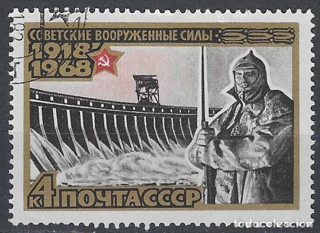 Sellos: UNI&Oacute;N SOVI&Eacute;TICA 1968 - 50&ordm; ANIV. DE LAS FUERZAS ARMADAS, ESTATUA Y PRESA DEL DNIPER - USADO