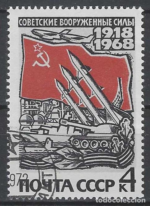 Sellos: UNI&Oacute;N SOVI&Eacute;TICA 1968 - 50&ordm; ANIV. DE LAS FUERZAS ARMADAS, BANDERA ROJA Y COHETES - USADO