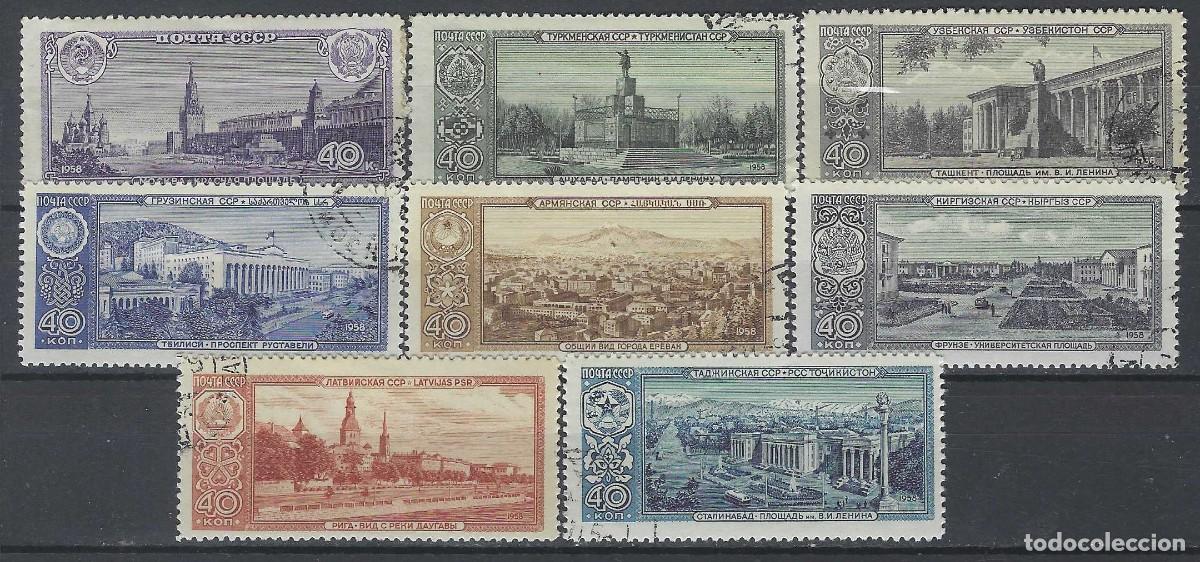Sellos: UNI&Oacute;N SOVI&Eacute;TICA 1958 - CAPITALES DE LAS REP&Uacute;BLICAS SOVI&Eacute;TICAS, 8 VALORES - USADOS