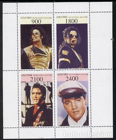 Sellos: ABKHAZIA 1995 SHEET MNH ELVIS PRESLEY MICHAEL JACKSON CANTANTES MUSICA SINGERS MUSIC