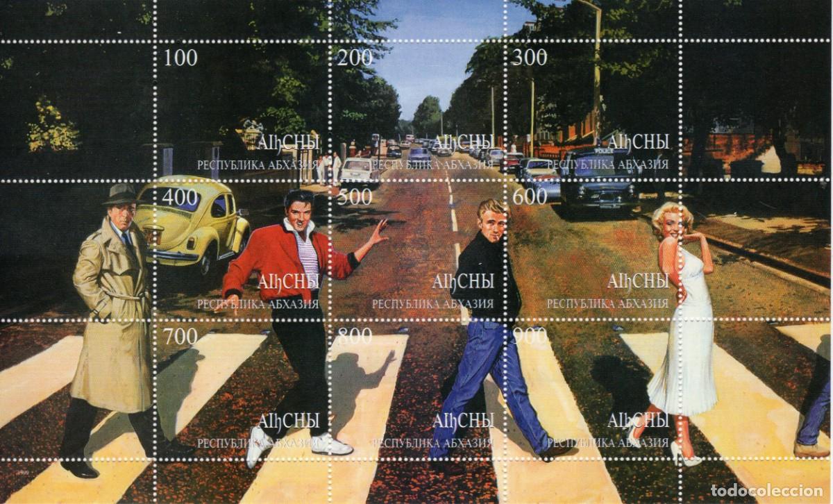 Sellos: ABKHAZIA 1999 SHEET MNH ELVIS PRESLEY MARILYN MONROE JAMES DEAN HUMPHREY BOGART CINE MUSICA