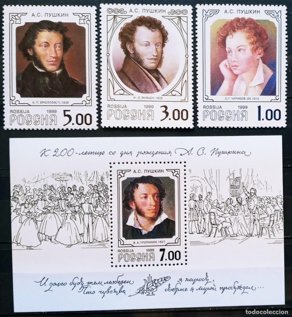 Sellos: RUSIA - IVERT 6405/07+ HOJA BLOQUE N&ordm;244 NUEVOS ** ESCRITOR ALEXANDRE S. POUCHKINE A&Ntilde;O 1999 Y 2001