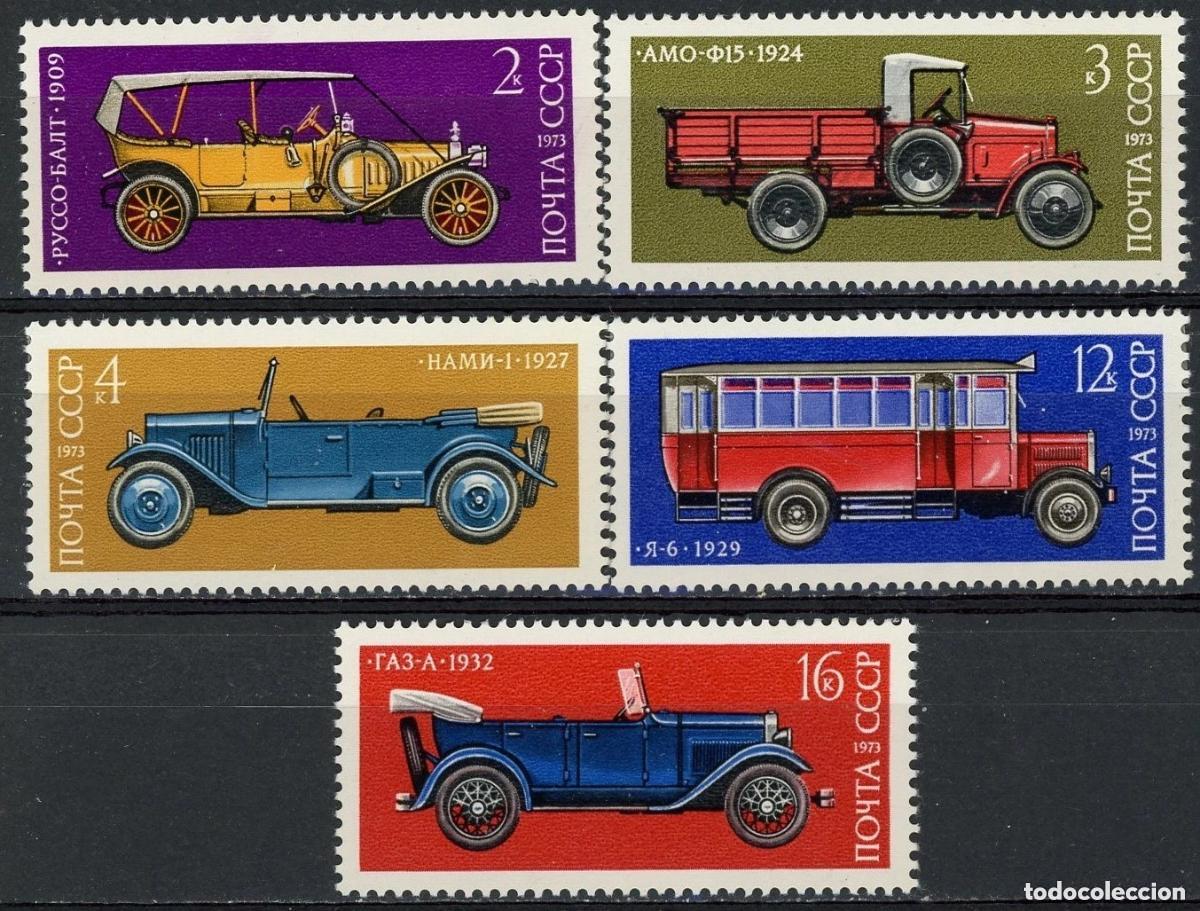Sellos: Rusia 1973 Ivert 3986/90 *** Construcci&oacute;n de Autom&oacute;viles en Rusia - Coches Antiguos
