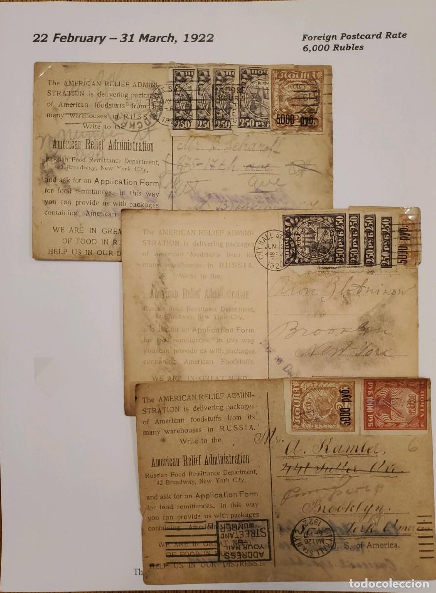 Sellos: MI) 1922 RUSSIA, 3 POSTCARDS, AMERICAN RELIEF ADMINISTRATION (ARA), SENT FROM RUSSIA TO THE UNITED S