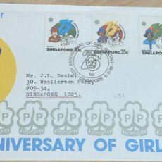 Sellos: O) 1985 SINGAPORE, SCOUTS. GIRL GUIDES, BROWNIES, GUIDES, SENIORS, LEADERS, FDC XF