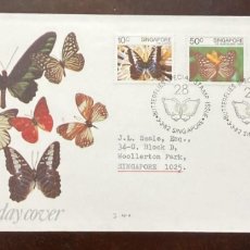 Sellos: D)1982, SINGAPORE, FIRST DAY COVER, ISSUE, BUTTERFLIES, GLIDER, BLUE TIGER GLAZED, RAJAH BROOKE BIRD