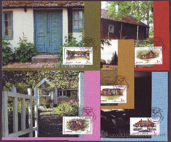 Selos: SUECIA****.1995.LOTE 5 TARJETAS MAXIMAS.CASAS RURALES.CABA&Ntilde;AS.SELLOS GRABADOS POR MARTIN MORCK.