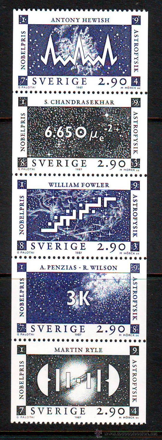 Sellos: SUECIA***.1987.PREMIOS NOBEL ASTROFISICA.YVERT NR.1439/1443.5 VALORES NUEVOS SIN FIJASELLOS.