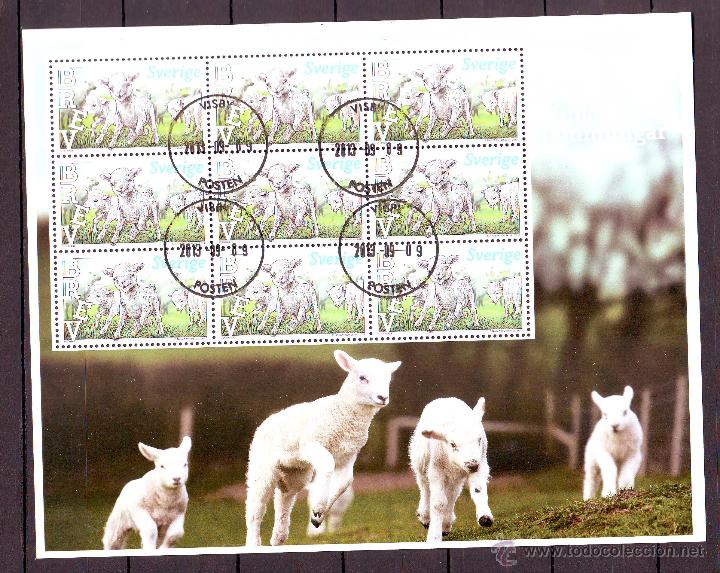 Timbres: SUECIA.A&Ntilde;O 2013.ANIMALES DE CORRAL.OVEJAS.HOJA BLOQUE GRAN TAMA&Ntilde;O.SELLOS GRABADOS POR PIOTR NASZARKO