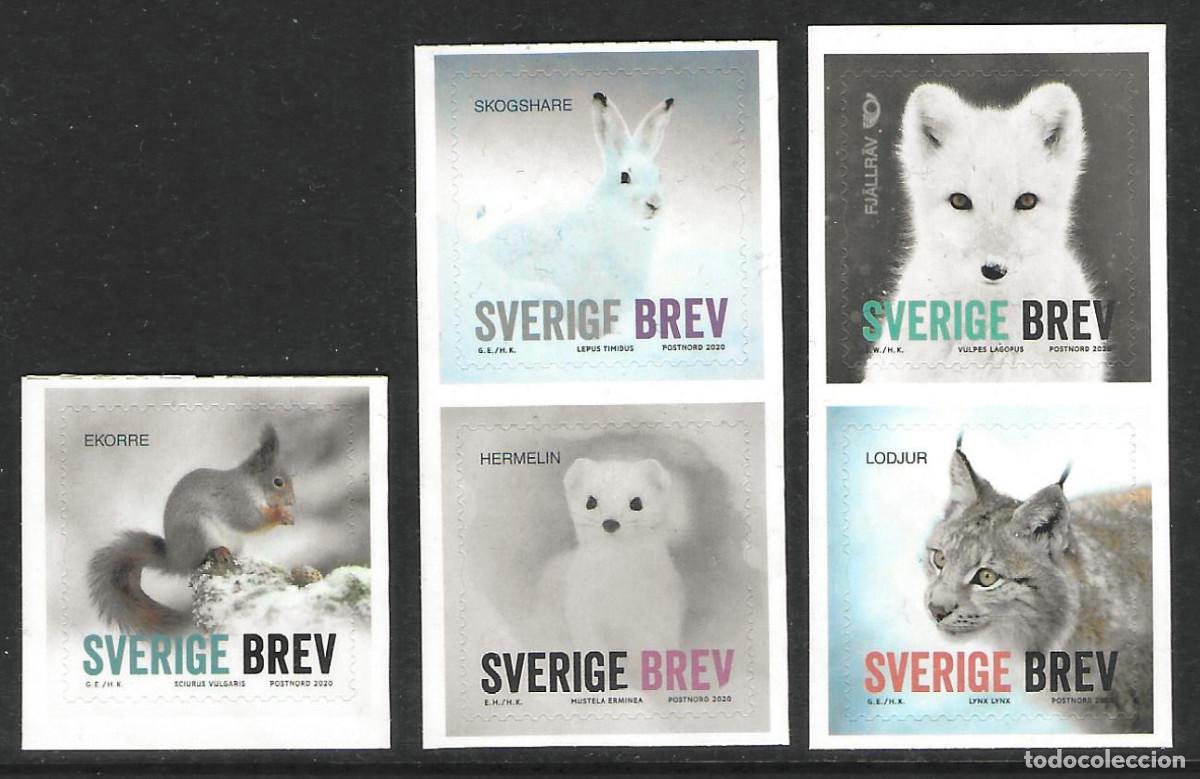 Sellos: Suecia/Sweden 2020 cinco autoadhesivos MNH. Fauna. Animales de invierno