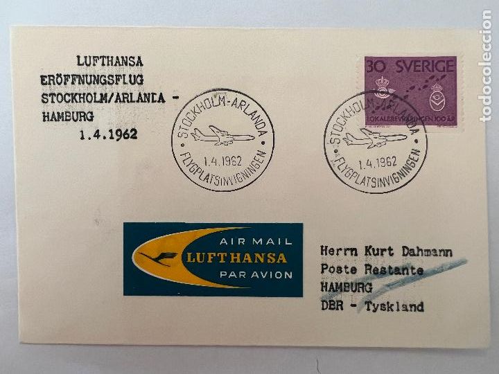Sellos: CORREO AEREO. 1962. LUFTHANSA. STOCKHOLM - HAMBURG