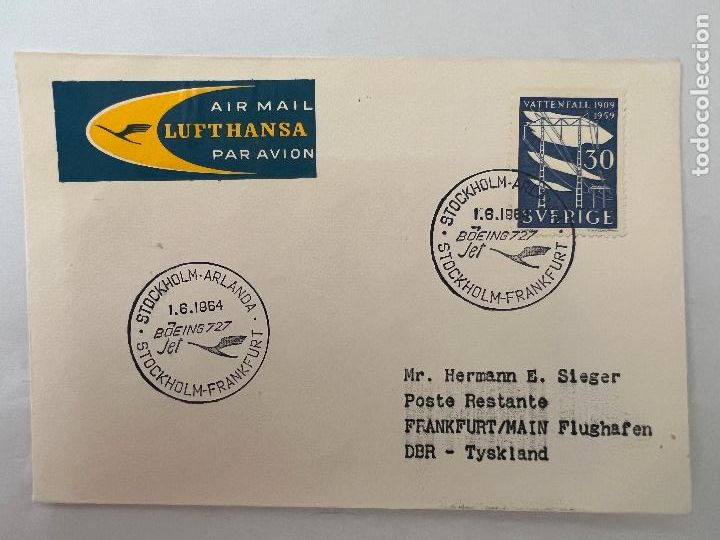 Timbres: CORREO AEREO. 1964. LUFTHANSA. BOEING 727. STOCKHOLM - FRANKFURT