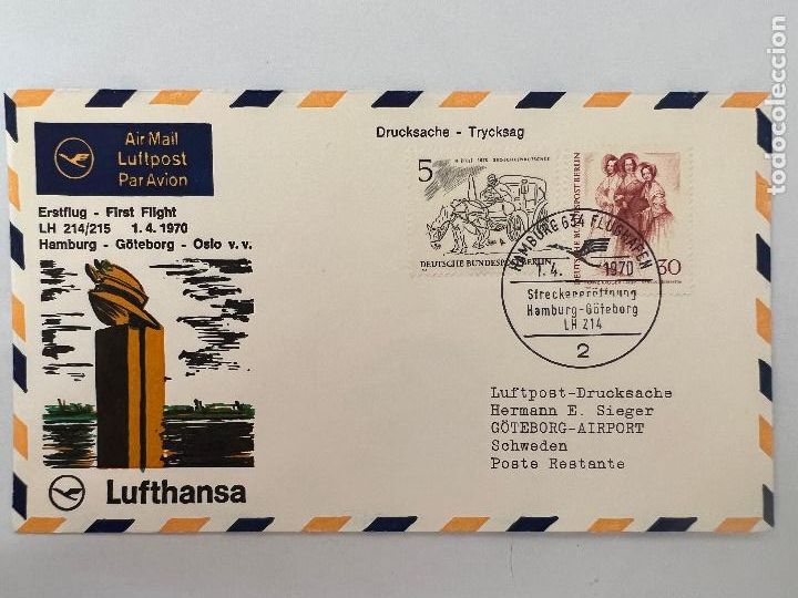 Timbres: CORREO AEREO. 1970. ERSTFLUG FIRST FLIGHT. LUFTHANSA. HAMBURG-G&Ouml;TEBORG-OSLO