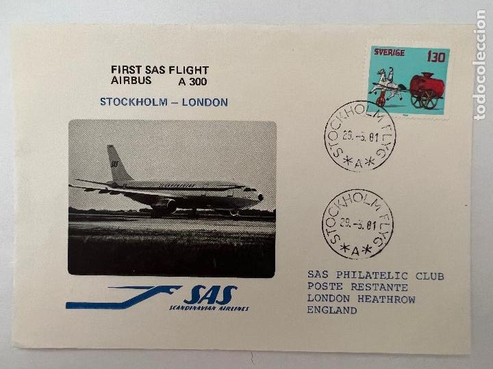 Timbres: CORREO AEREO. 1981. FIRST FLIGHT. AIRBUS A300. SAS. STOCKHOLM-LONDON