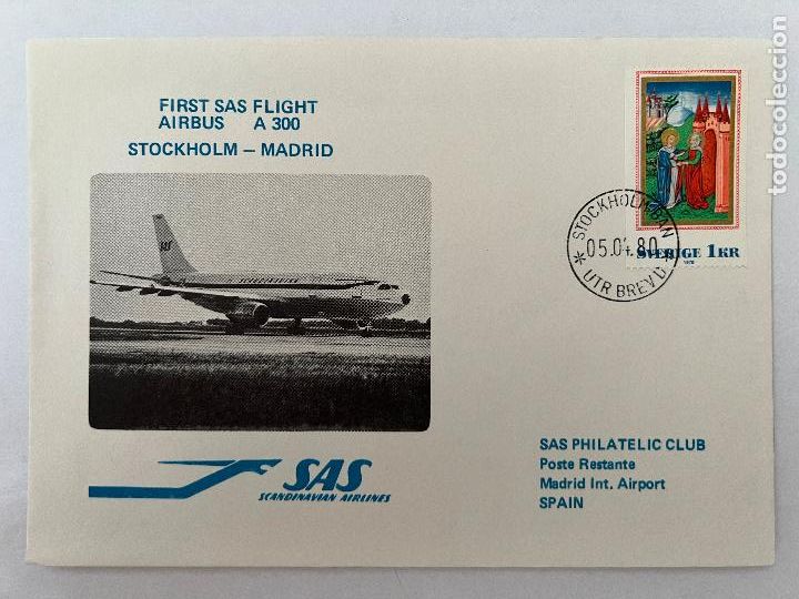 Timbres: CORREO AEREO. 1980. FIRST FLIGHT. AIRBUS A300. SAS. STOCKHOLM - MADRID