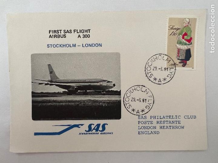 Timbres: CORREO AEREO. 1981. FIRST FLIGHT. AIRBUS A300. SAS. STOCKHOLM-LONDON