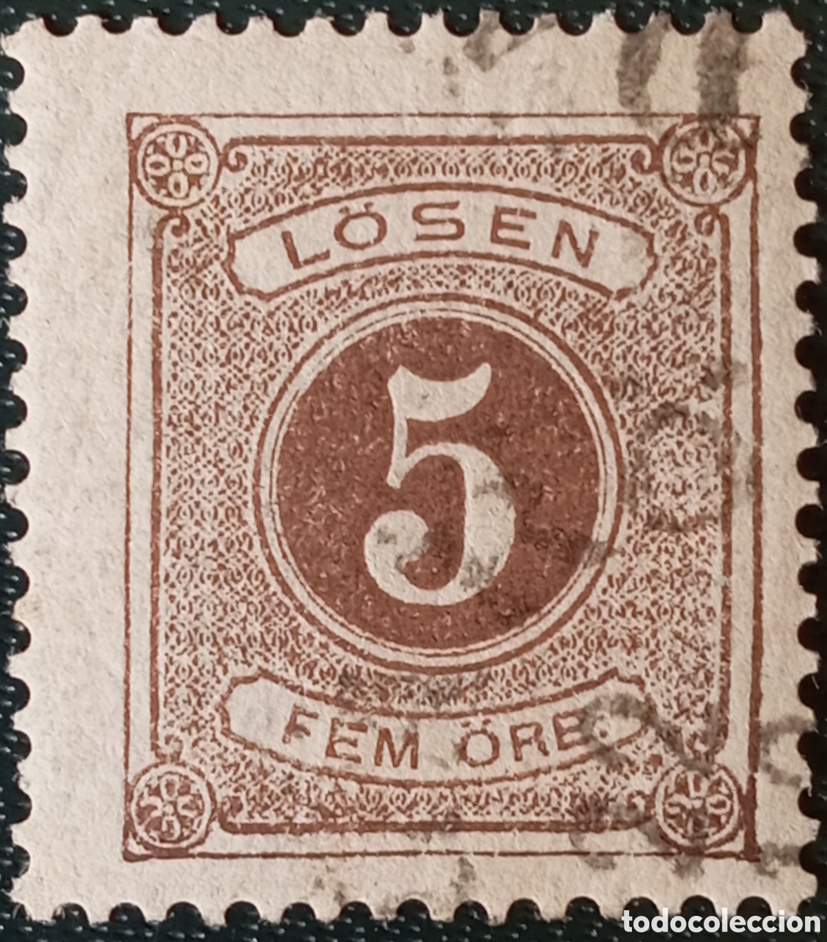 Selos: Suecia 1874 - Sello de Tasa (L&ouml;sen) 5 &Ouml;re Marr&oacute;n - Cat&aacute;logo Scott #J3 (o Facit L3)