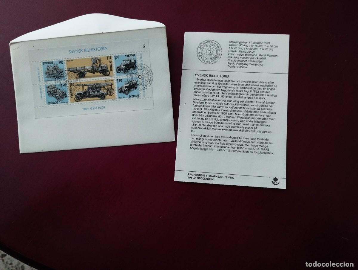 Sellos: SOBRE CON HOJA RECUERDO SUECIA - FDC HISTORIA DEL AUTOMOVIL 1980