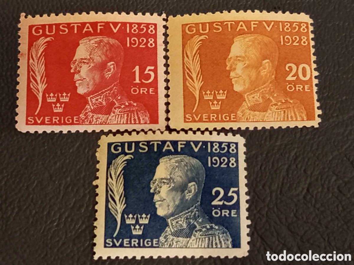 Francobolli: Suecia 1928 - Lote 3 Sellos Rey Gustavo V 70&ordm; Aniversario - Facit 218-220 / Michel 166-168 MH