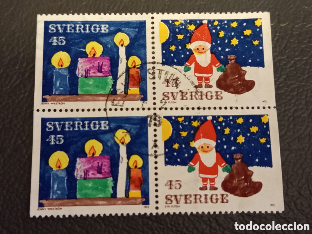 Sellos: Suecia 1972 - Navidad Dibujos Infantiles - Bloque de 4 Usado - Cat. Yvert 762/764