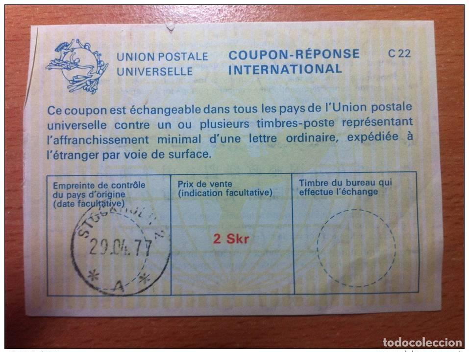 Stamps: Suecia 2 Skr 29.04.1977 UPU Uni&oacute;n Postal INTERNACIONAL CUP&Oacute;N-RESPUESTA C22 C 22