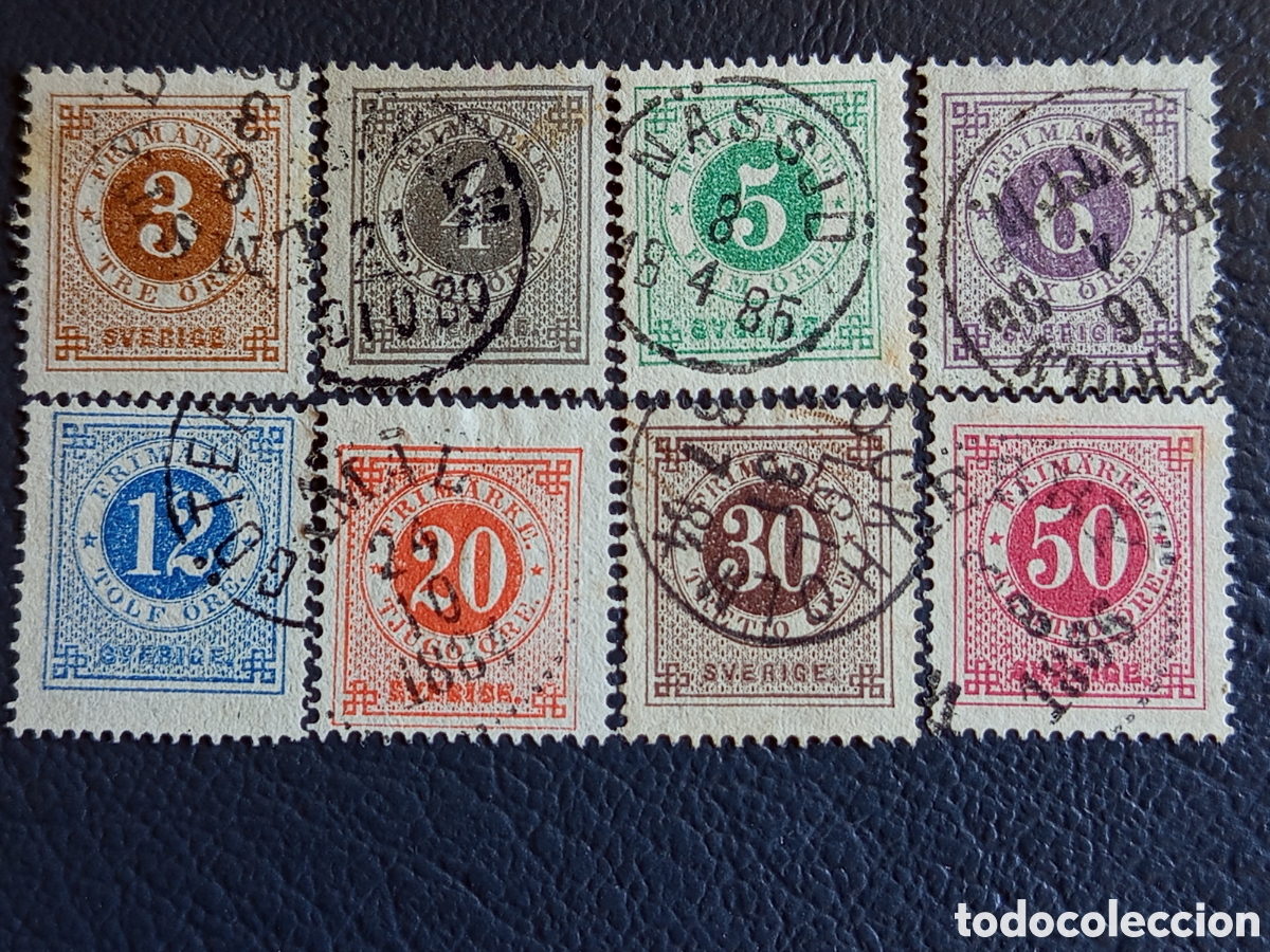 Briefmarken: Suecia 1877-79 - Numeral &rdquo;Ringtyp&rdquo; Perf.13 - 8 valores - Michel 28/36 - Usado