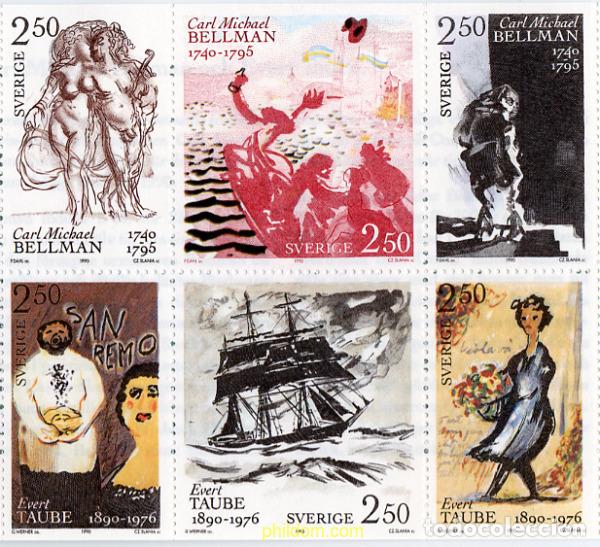 Sellos: 112660 MNH SUECIA 1990 ANIVERSARIO DEL NACIMIENTO DE CARL MICHAEL BELLMAN Y DE EVERT TAUBE