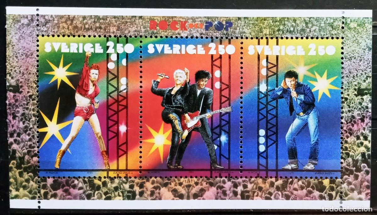Sellos: SUECIA - IVERT 1667/69 HOJA BLOQUE N&ordm;20 NUEVO ** MUSICA ROCK Y POP A&Ntilde;O 1991