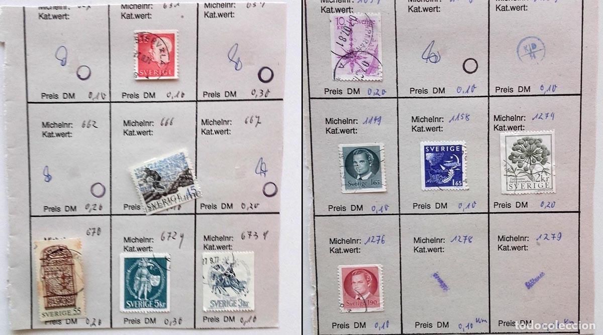 Sellos: Suecia 2 p&aacute;ginas de &aacute;lbum con 10 sellos antiguos, Sverige