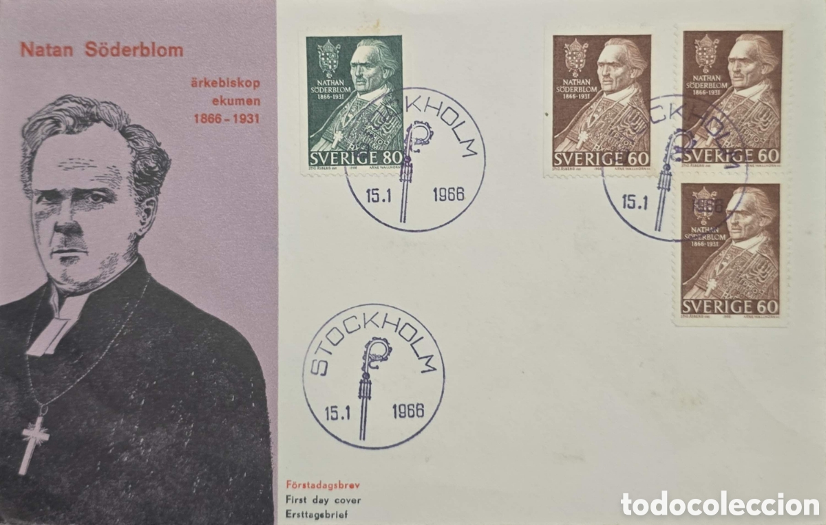 Sellos: CA)Suecia + 1966 + Religious Leader + First day cover honoring Archbishop Natan S&ouml;derblom, with port