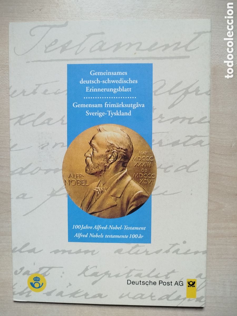 Sellos: Alemania / Suecia 1995. Documento Recuerdo Conjunto 100 A&ntilde;os Testamento Alfred Nobel y R&ouml;ntgen.
