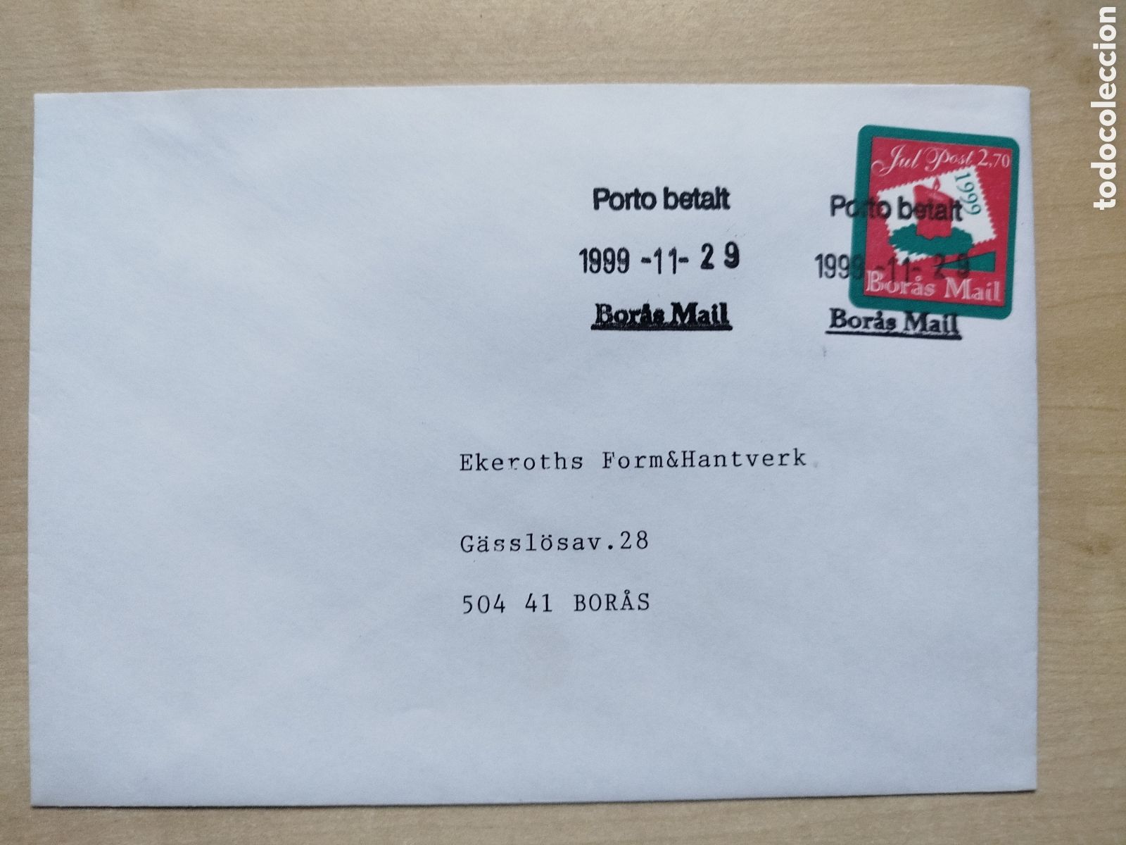 Sellos: Suecia Localpost. Sobre circulado Bor&aring;s Mail 1999. Sello especial JulPost 2,70kr.