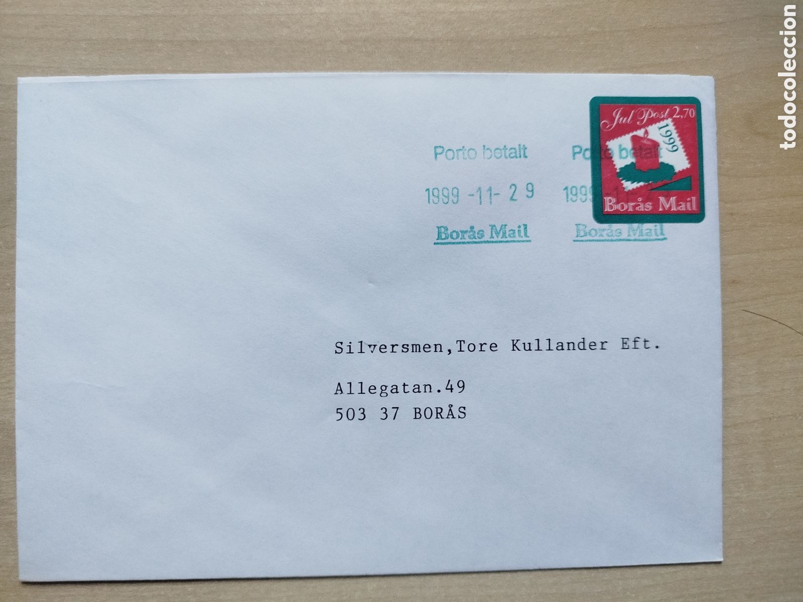 Sellos: Suecia Localpost. Sobre circulado Bor&aring;s Mail 1999. Sello especial JulPost 2,70kr.