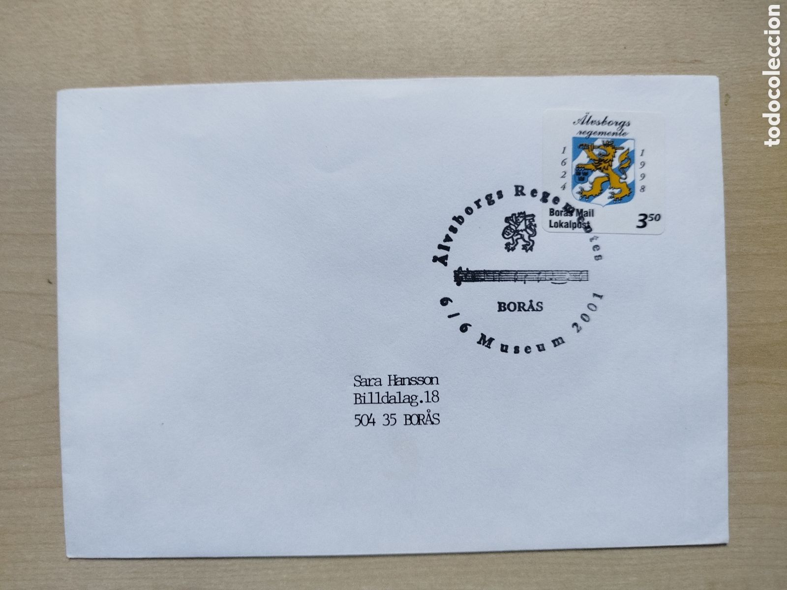 Sellos: Suecia Localpost FDC. Bor&aring;s Mail 2001. &Auml;lvsborgs Regemente. Matasellos Especial.