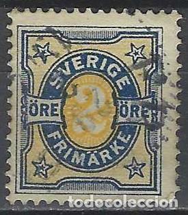 Sellos: SUECIA 1892 - CIFRAS, 2 ORE, AZUL/AMARILLO - USADO