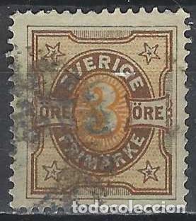 Sellos: SUECIA 1892 - CIFRAS, 3 ORE, MARR&Oacute;N/AMARILLO - USADO
