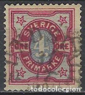 Sellos: SUECIA 1892 - CIFRAS, 4 ORE, ROJO/AZUL - USADO