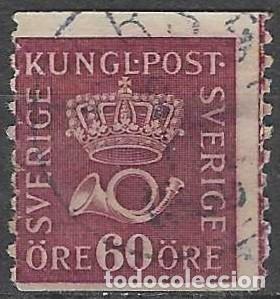 Sellos: SUECIA 1920 - CORONA REAL Y CUERNO POSTAL, P&Uacute;RPURA PARDUZCO - USADO