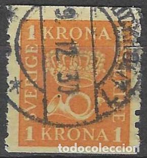Sellos: SUECIA 1921 - CORONA Y CUERNO POSTAL, NARANJA - USADO