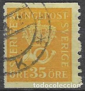 Sellos: SUECIA 1922 - CORONA REAL Y CUERNO POSTAL, AMARILLO - USADO