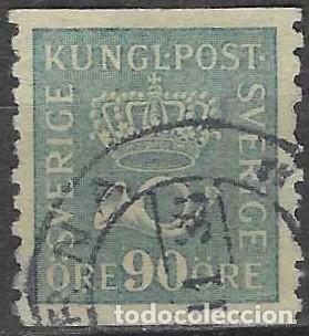 Sellos: SUECIA 1925 - CORONA REAL Y CUERNO POSTAL, AZUL CLARO - USADO