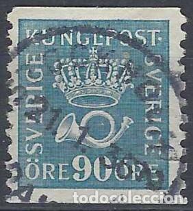 Sellos: SUECIA 1925 - CORONA REAL Y CUERNO POSTAL, AZUL CLARO - USADO