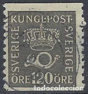 Sellos: SUECIA 1925 - CORONA REAL Y CUERNO POSTAL, NEGRO - USADO
