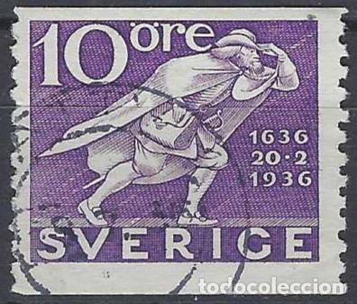 Sellos: SUECIA 1936 - 3&ordm; CENT. DEL CORREO SUECO, CARTERO A LA CARRERA - USADO