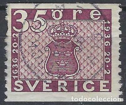 Sellos: SUECIA 1936 - 3&ordm; CENT. DEL CORREO SUECO, ESCUDO NACIONAL - USADO