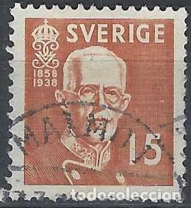 Sellos: SUECIA 1938 - 80 ANIV. DEL REY GUSTAVO V, MARR&Oacute;N - USADO
