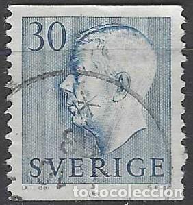 Sellos: SUECIA 1957 - REY GUSTAVO V, CON PIE DE IMPRENTA, AZUL OSCURO - USADO
