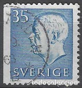 Sellos: SUECIA 1962 - REY GUSTAVO V, CON PIE DE IMPRENTA, N&Uacute;MEROS BLANCOS, AZUL - USADO