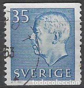 Sellos: SUECIA 1962 - REY GUSTAVO V, CON PIE DE IMPRENTA, N&Uacute;MEROS BLANCOS, AZUL - USADO