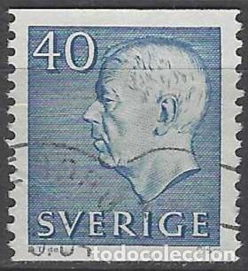 Sellos: SUECIA 1964 - REY GUSTAVO V, CON PIE DE IMPRENTA, N&Uacute;MEROS EN BLANCO, AZUL - USADO